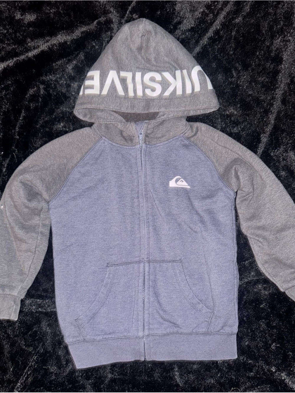 Quiksilver Kids Blue Body Gray Sleeve Zip Hoodie with Logo Hood